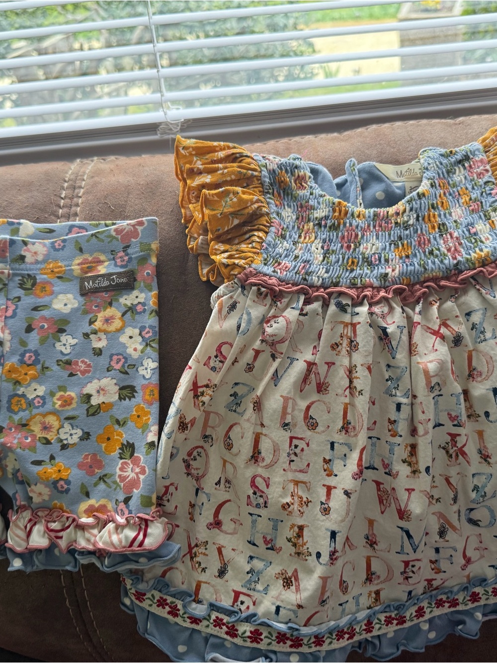 Matilda Jane Cream Alphabet & Blue Floral Ruffle Dress Set